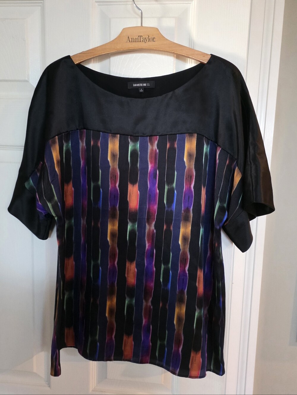 Lafayette 148 New York Silk Multicolor Watercolor Stroke Short Sleeve Blouse L